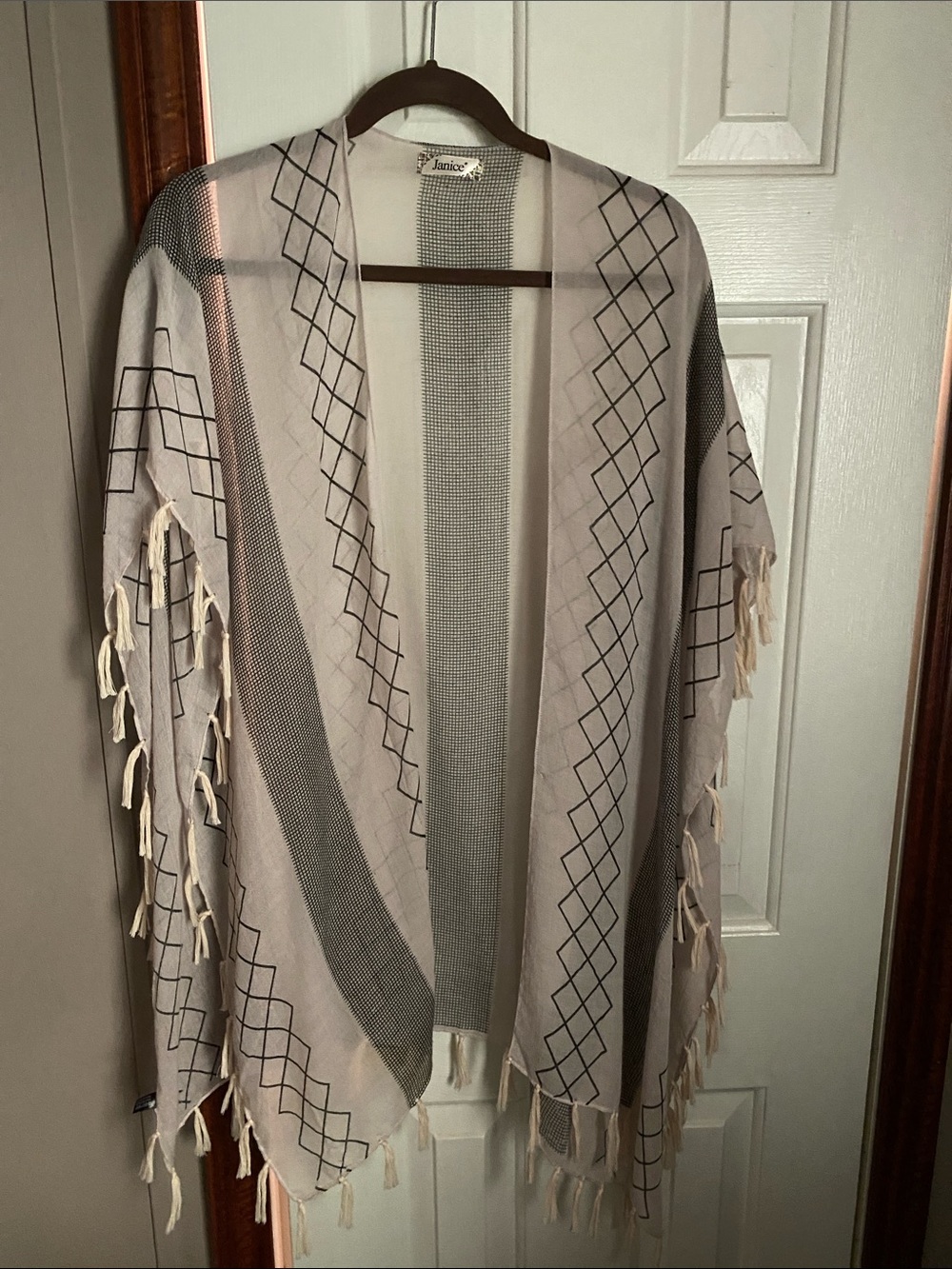Boho Fringe Open-Front Kimono - Cream and Gray